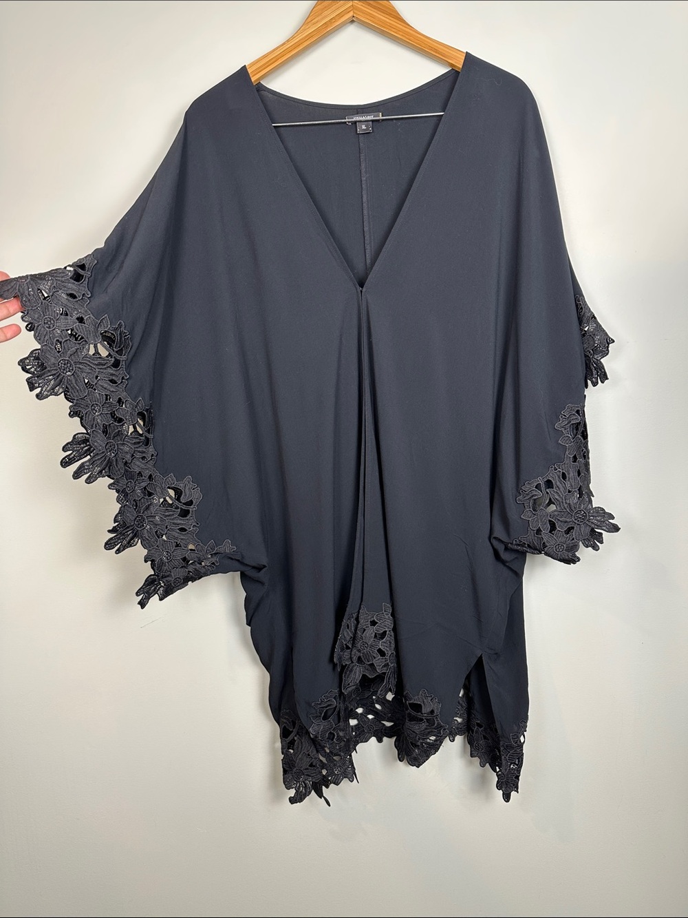 220. Stella & Dot viscose crochet floral black shall top.